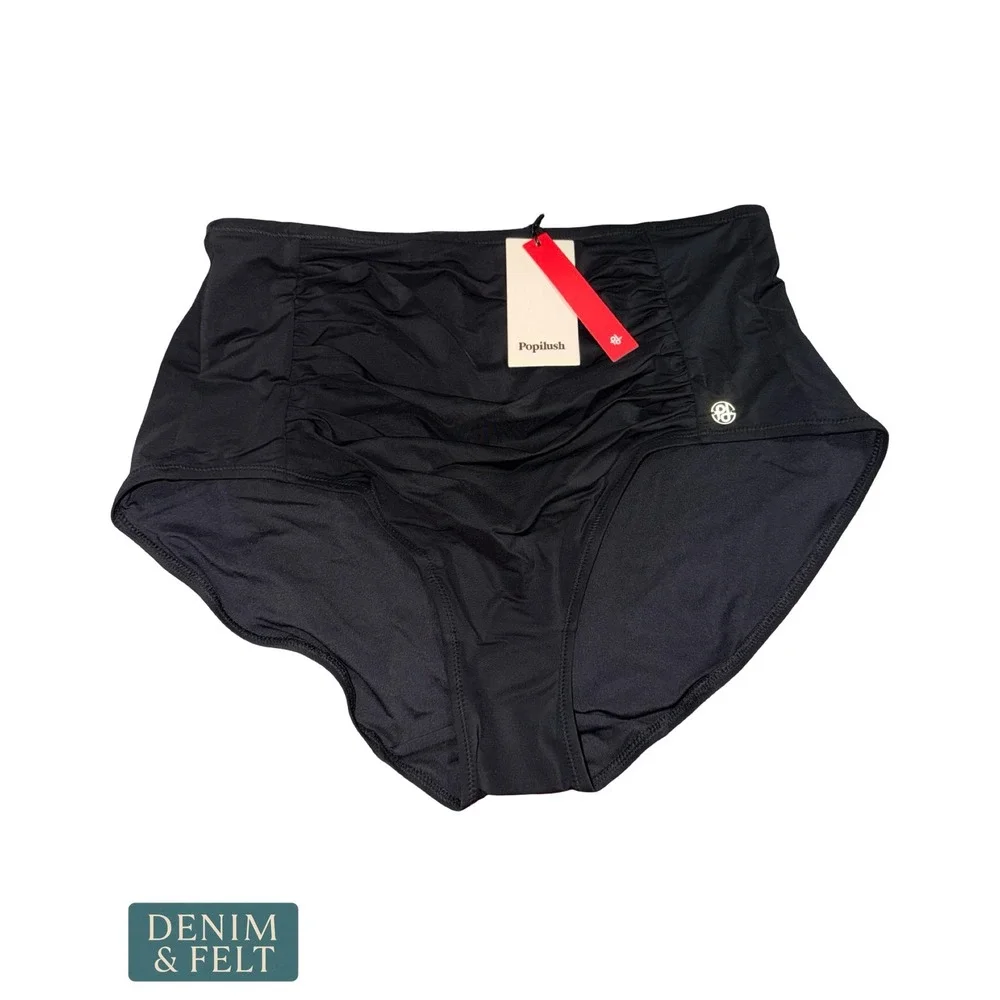 NEW Popilush Womens High Waisted Tummy Control Ruched Bikini Bottoms Black XL